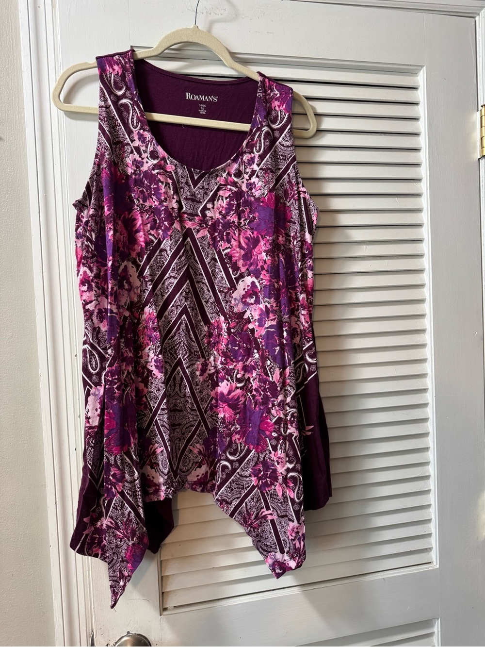 Roaman's Purple and Pink Floral Handkerchief Hem Tank
